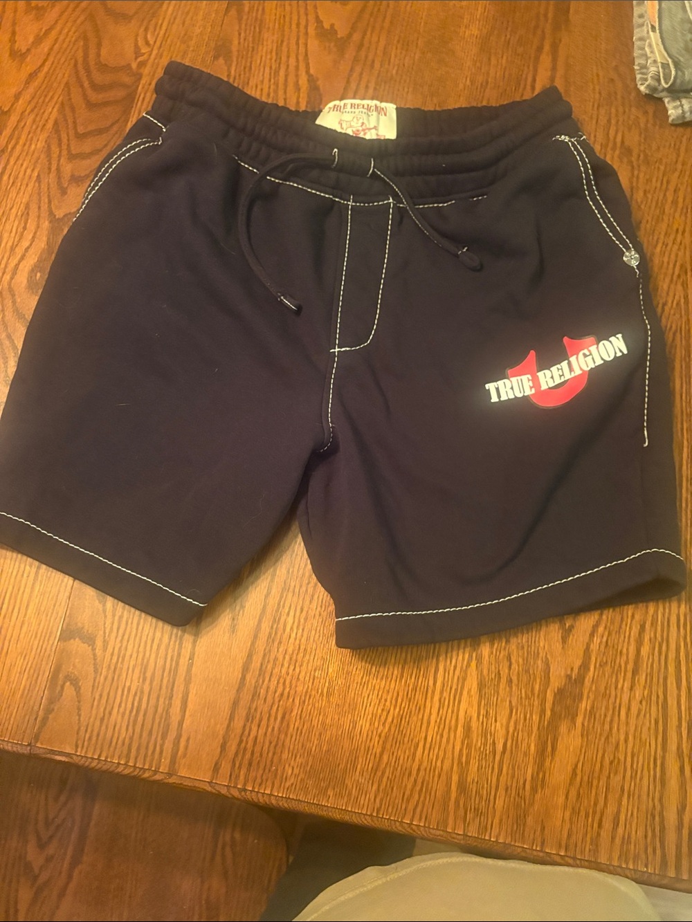 True Religion Black Athletic Logo Drawstring Shorts with Red Accent